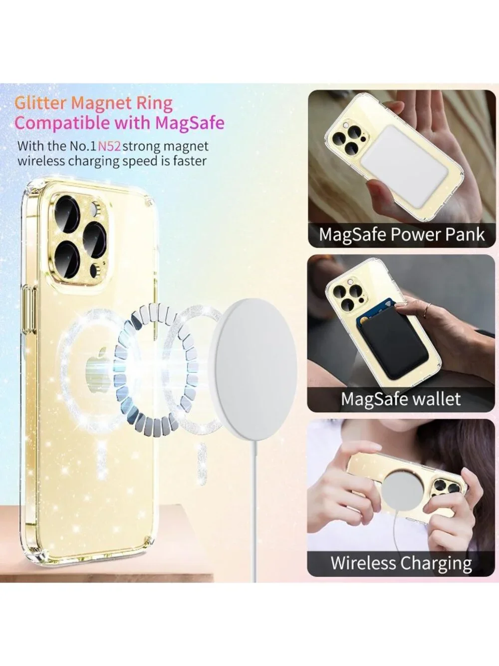 Glitter Clear Case for iPhone 14 Pro Max w/ Bling Camera Lens Protector, Non‑Yel